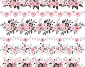 Clipart con bordo floreale: grafica PNG con fiori rosa (download digitale)