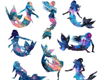 Mermaid clipart: "Galaxy Mermaids" watercolor mermaid graphics, watercolor clipart, galaxy clipart, cosmic mermaid silhouette, space mermaid