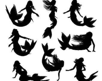 Mermaid clipart: "Mermaid Silhouettes" mermaid photoshop brushes and PNG files, mermaid graphics