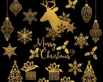 Gold Christmas Clipart Set: Foil Snowflakes, Ornaments (PNG, 300dpi)