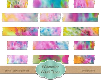 Clipart de cinta washi de acuarela: 18 gráficos PNG (descarga digital)