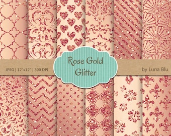 Rose Gold Digital Paper: "Rose Gold Patterns" glitter digital paper, metallic gold backgrounds, rose gold scrapbook paper, instant download