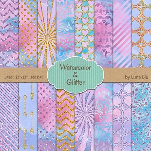Sommer Digital Papier: "Aquarell und Glitzer" Aquarell digitales Papier, Glitzer-Muster, Aquarell Scrapbook Papier, rosa und blau