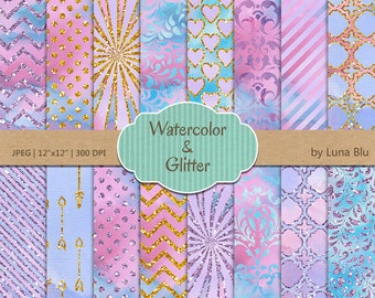Summer Digital Paper: "Watercolor and glitter" watercolor digital paper, glitter patterns, watercolor scrapbook paper, pink and blue
