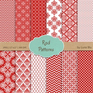 Red Digital Paper: &quot;Red Patterns &quot; christmas red scrapbook papers, for invitations, cardmaking, crafts, stationary, photo albums