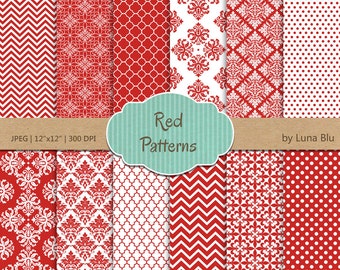 Red Digital Paper: "Red Patterns " christmas red scrapbook papers, for invitations, cardmaking, crafts, stationary, photo albums