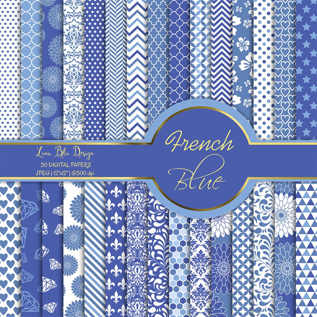 Digital Paper Pack, French Blue Digital Paper Commercial Use, 30 Blue Digital Papers, French