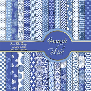 Paquete de papel digital, papel digital azul francés de uso comercial, 30 papeles digitales azules, fondos azules franceses, papel scrapbook azul francés