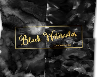 Watercolor Digital Paper: "Black Watercolor" black digital paper, watercolor scrapbook paper, black backgrounds, black textures