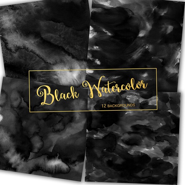 Watercolor Digital Paper: "Black Watercolor" black digital paper, watercolor scrapbook paper, black backgrounds, black textures