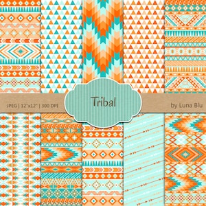 Stammes-Digital Papier: "Tribal-Muster" Orange und Türkis, Tribal, mit Dreiecken, Chevron, Pfeile, aztekische digitales Papier, Stammes-Designs
