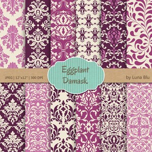 May include: A set of 12 digital papers featuring a repeating damask pattern in shades of purple and cream. The papers are labeled "Eggplant Damask" and are 12 inches by 12 inches at 300 DPI.