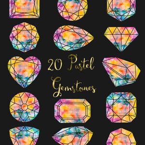 Pu&ograve; includere: Venti pietre preziose color pastello in varie forme, tra cui un cuore, un quadrato, un cerchio, un ovale e un diamante. Le pietre preziose sono contornate di nero e hanno un effetto acquerello.