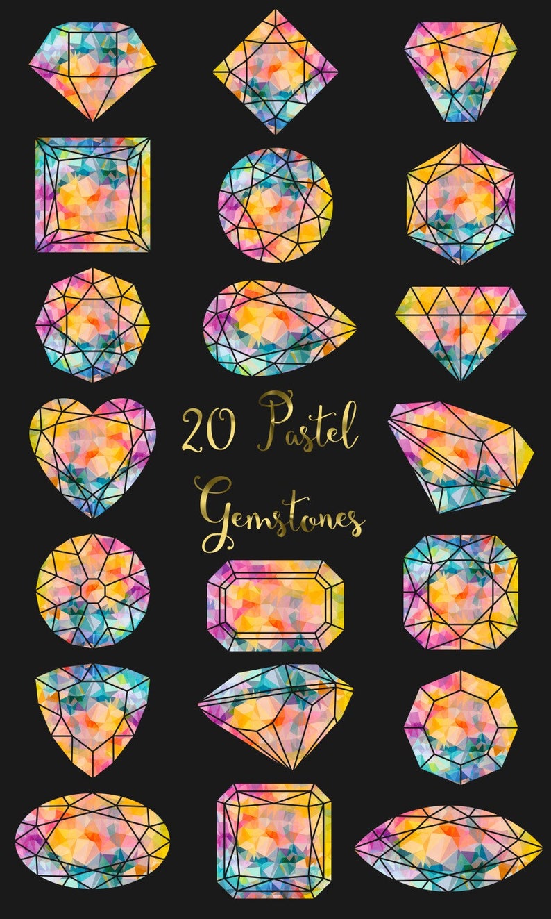 Pu&ograve; includere: Venti pietre preziose color pastello in varie forme, tra cui un cuore, un quadrato, un cerchio, un ovale e un diamante. Le pietre preziose sono contornate di nero e hanno un effetto acquerello.