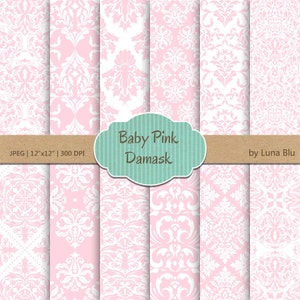 Baby Rosa Digital Papier: "Baby Pink Damask" weiche Rosa, blass rosa, Pastell rosa Papier für Einladungen, Cardmaking, scrapbooking