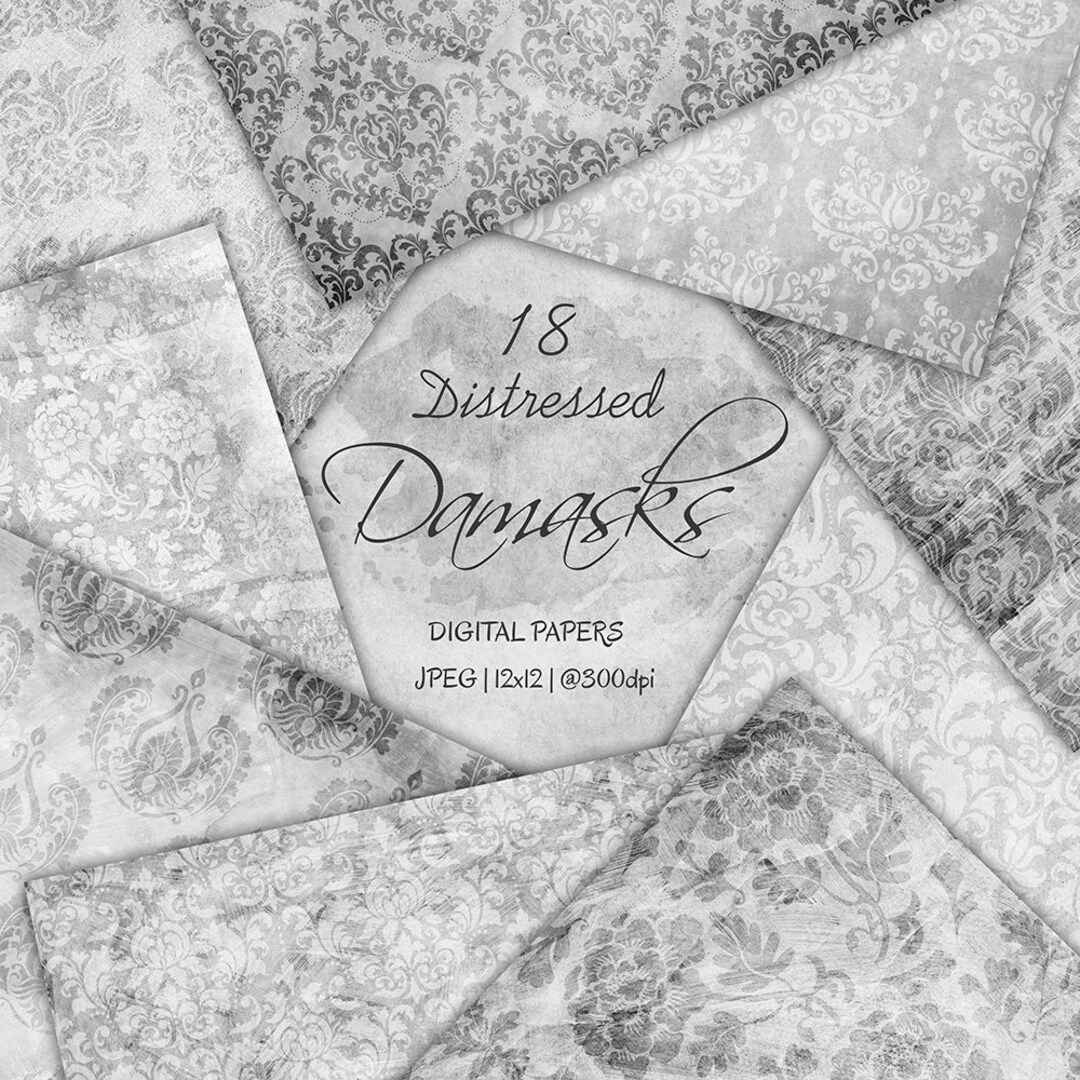 Distressed Digital Paper, Distressed Damask Digital Paper, Gray Damasks