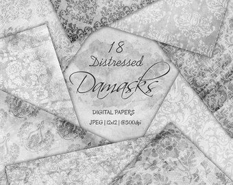 Distressed Damask Digital Paper: Gray Grunge Textures (12x12, 300dpi)
