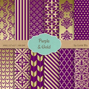 Purple and Gold Digital Paper: &quot;Purple and Gold Patterns &quot; for invitations, scrapbooking, cardmaking, stationary, crafts