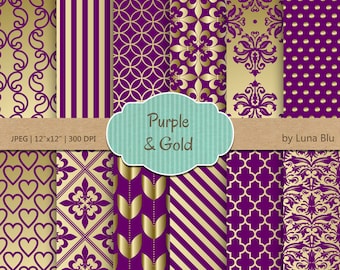 Purple and Gold Digital Paper: &quot;Purple and Gold Patterns &quot; for invitations, scrapbooking, cardmaking, stationary, crafts