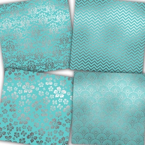 Aqua and Silver Digital Paper: "silver Foil Patterns" Aqua Digital ...