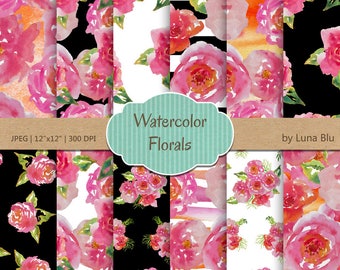 Watercolor Floral Digital Paper: "Watercolor Florals" watercolor flowers, floral scrapbooking paper, watercolor clipart, floral backgrounds