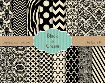 Black and Cream Digital Paper Pack: Scrapbooking Backgrounds (12x12, JPG)