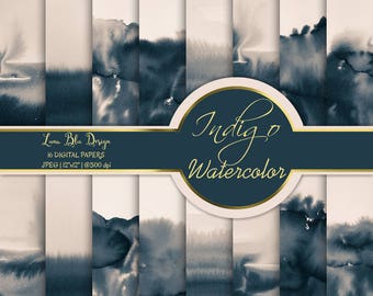Indigo Watercolor Digital Paper: Hand Painted Textures (12x12, 300dpi)