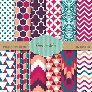 Geometryczny cyfrowy papier Pack: "geometryczne" papier Scrapbook, z trójkątów, quatrefoil, Chevron, plaster miodu, Tribal Pattern, wagi