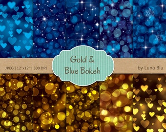 Gold and Blue Digital Paper: "Gold and Blue Bokeh" sparkles digital paper, gold scrapbooking paper, with heart bokeh, sparkles, glitter