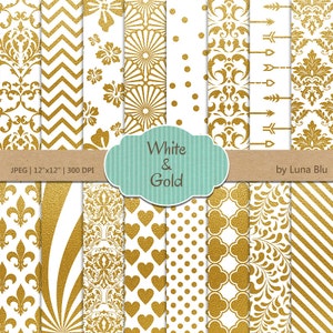 Weiß und Gold Papier: "Weiß und Goldfolie Muster" weißen Papier, weiß und Gold Scrapbook Papier, gold Papier