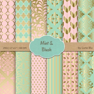 Erröten, Mint und Gold Digital Paper: "Blush Mint und Gold Muster" Scrapbook Papier, erröten und Minze digitales Papier