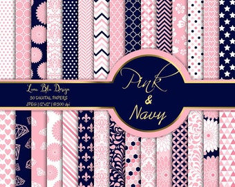 Pink and Navy digital paper pack, digital paper commercial use, 30 navy and pink digital papers, navy and pink scrapbook paper, bundle