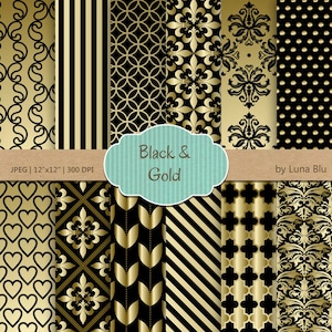 Schwarz und Gold Papier: "Schwarz und Gold Muster" metallischen gold digital Papiere für Hochzeitseinladungen, save the Date Karten