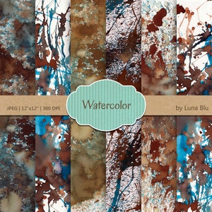 Watercolor Digital Paper: &quot;Watercolor Textures&quot; turquoise, brown, sepia, textured digital paper, watercolor backgrounds, scrapbooking paper