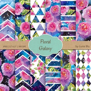 Floral digitale Paper: "Floral Galaxy" aquarel galaxy digitale papier, floral scrapbooking papier, ster digitale papier, nacht hemelachtergrond