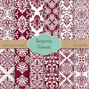 Bordeaux Digital Paper: "Borgogna Damask" marrone rossiccio, vino rosso, mogano, damascato digitale carta per inviti, cardmaking, scrapbooking