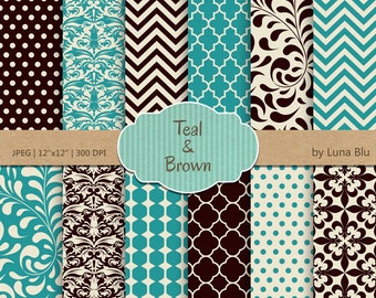 Teal and Brown Digital Paper: "Teal and Brown Patterns " teal scrapbook papers, for invitations, cardmaking, crafts, stationary