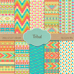 Stammes-Digital Papier: "Frühling Tribal" Muster einschließlich Dreiecke, Chevron und Pfeilen, aztekische digitales Papier, entwirft Stammes
