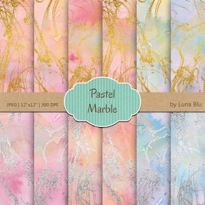 Pastel Marble Digital Paper: Gold & Silver Ink Textures (Digital Download) image 1