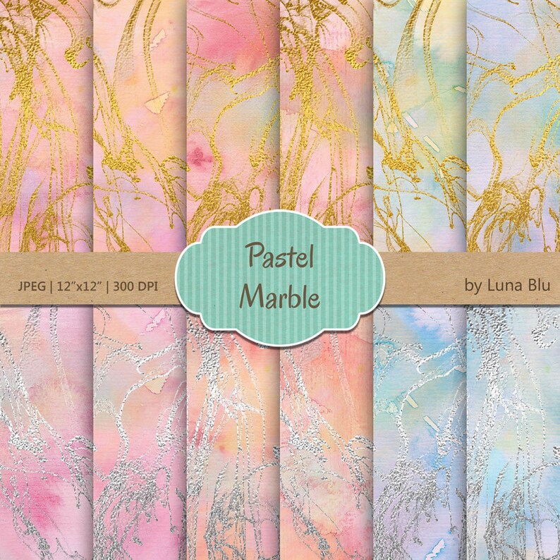Pastel Marble Digital Paper: Gold & Silver Ink Textures (Digital Download) image 1