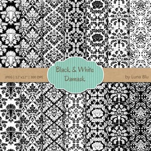 Schwarz und weiß Damast Papier: "Schwarz und weiß Damast" Scrapbook Papier, Damast-Muster, schwarzen und weißen Papier