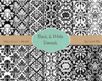 Patrones de damasco en blanco y negro: Papel digital para álbumes de recortes de 12x12 (JPG)