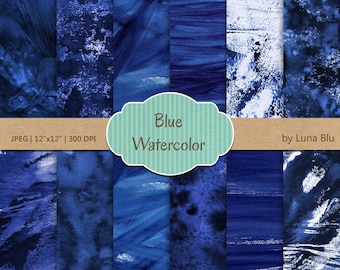 Watercolor Digital Paper: "Blue Watercolor" blue digital paper, watercolor textures, scrapbooking paper, dark blue, grunge watercolor