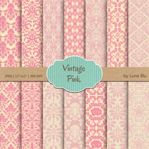 Damask Digital Paper: &quot;Vintage Pink Damasks&quot; vintage pink scrapbook paper, damask patterns, pastel digital paper, for scrapbooking, invites