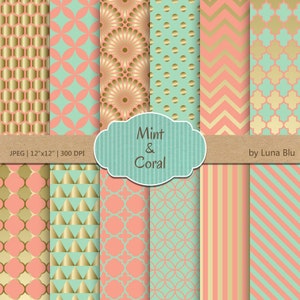 salmon cardmaking coral wedding Coral Mint and Gold Digital Paper: Coral Mint and Gold Patterns scrapbook paper scrapbooking peach