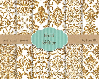 Gold Damask Digital Paper Pack: "Gold Glitter Damask" gold glitter textures, golden glitter, for scrapbooking, cardmaking, invites