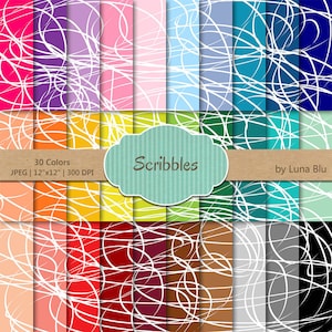 May include: A set of 30 digital paper backgrounds featuring white scribbles on various colored backgrounds. The papers are 12 inches by 12 inches and 300 DPI.
