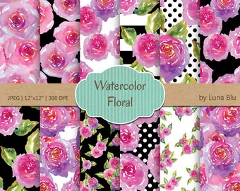 Papel digital floral de acuarela: fondos para álbumes de recortes (JPG, 300 ppp)