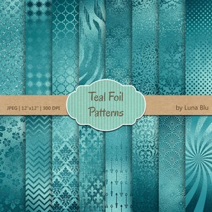 Könnte beinhalten: Ein Set mit 12 digitalen Papiermustern in Teal-Folie, jedes mit einem anderen Design, darunter geometrische, florale und abstrakte Muster. Die Muster sind 30,5 cm x 30,5 cm groß und haben 300 DPI.