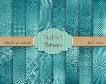Teal Foil Digital Paper: Metallic Turquoise Patterns (12x12, 300dpi)